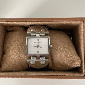 Michael Kors black leather and silver watch